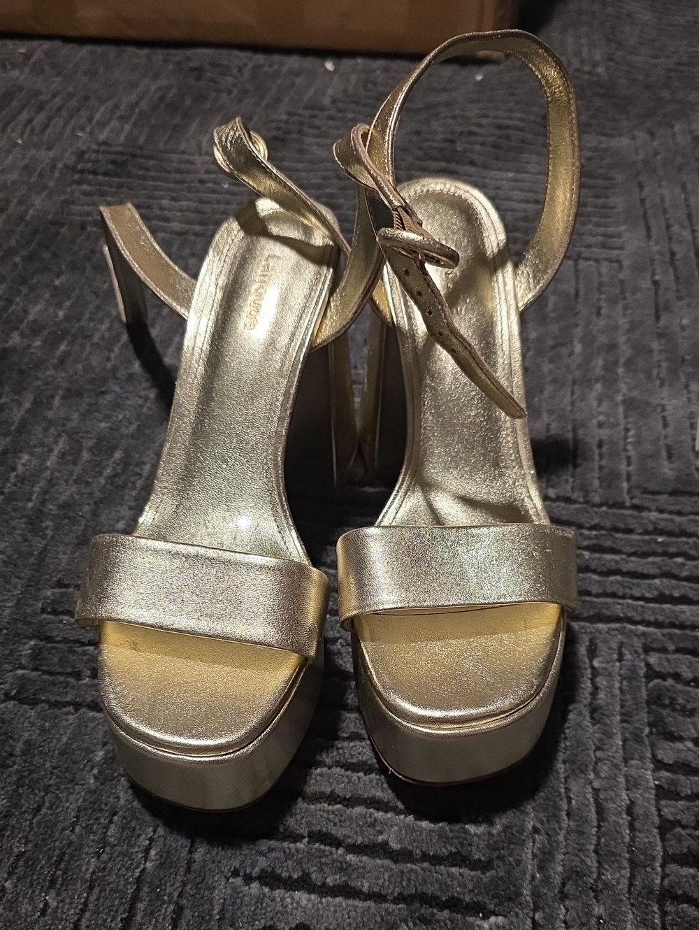 Larroude Metallic Gold Platform Heeled Sandals with Ankle Strap